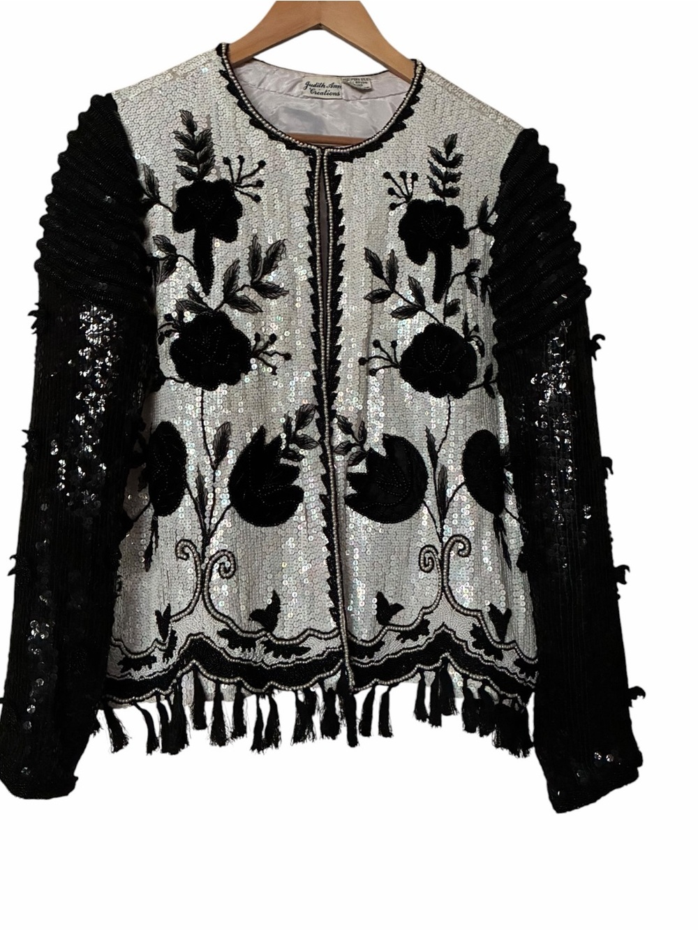Vintage Judith Ann Creations Hand-Beaded Silk Sequin Floral Evening Jacket